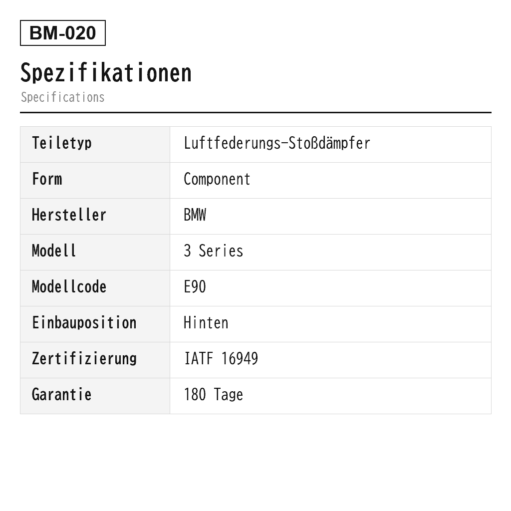 BMW 1 Series E81 E82 E87 E88 3 Series E90 E91 E92 2004-2013 Hinten Luftfederungs-Stoßdämpfer (33504035546, 33506771867, 33506777097, 33506777098, 33524036123, 33526771559, 33526771729, 33526771867, 33526772916, 33526772925, 33526772926, 33526772927, 33526779985, 33526780077, 33526780081, 33526780195, 33526780199, 33526782859, 33526782860, 33526783989, 33526783993, 33526783997, 33526784978, 33526796469, 33526796470, 33528036014, 33528036026, 6768917, 6768921, 6771555, 6771559, 6771725, 6771729, 6772916, 6772925, 6772926, 6772927, 6780077, 6780081, 6780195, 6780199, 6782859, 6782860, 6783989, 6783993, 6783997, 8036014, 8036026) 2