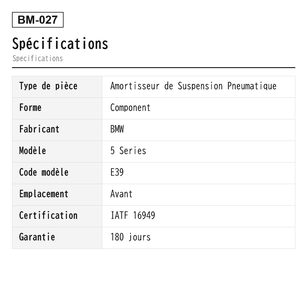 BMW 5 Series E39 1995-2004 Avant Amortisseur de Suspension Pneumatique (1091921, 1093644, 1094041, 1096857, 1096858, 1096861, 1096862, 31311093644, 31311094041, 31311094042, 31311095083, 31311096857, 31311096858, 31312229147) 2