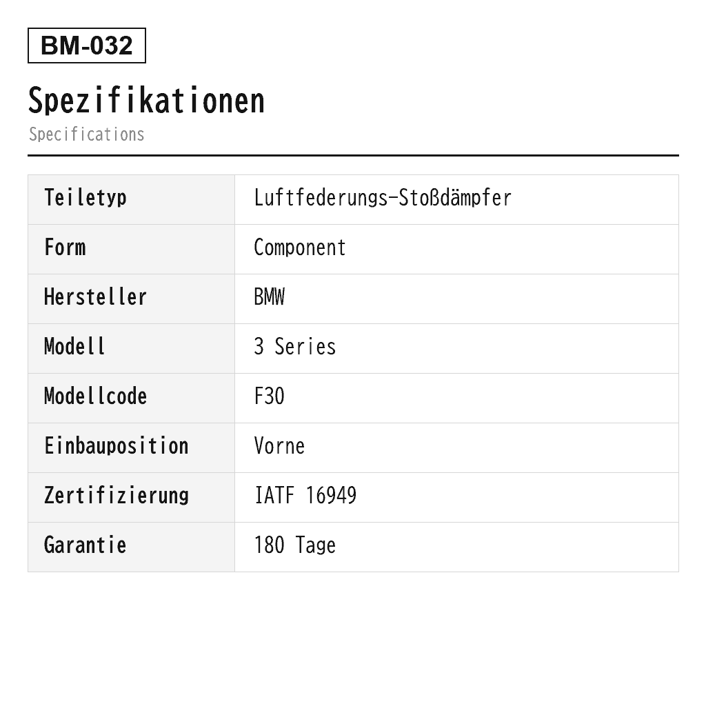 BMW 3 Series F30 F35 4 Series F32 F36 2013-2016 Vorne Luftfederungs-Stoßdämpfer (31306850903, 31316791541, 31316791551, 31316791555, 31316791575, 31316791579, 31316791581, 31316791647, 31316791651, 31316791663, 31316791665, 31316799583, 31316799584, 31316850357, 31316850358, 31316850902, 31316850904, 31316850905, 31316854689, 31316854691, 31316856626, 31316856696, 31316856697, 31316859040, 31316862171, 31316862173, 31316865128, 31316866112, 31316866113, 31316866114, 31316866115, 31316868520, 31316868655, 31316868657, 31316868659, 31316868661, 31316873721, 31316873723, 31316873738, 31316873740, 31316873750, 31316873752, 31316873762, 31316873763, 31316873765, 31316873773, 31316873774, 31316873776, 31316873777, 31316873787, 31316873797, 31316874367, 31316874368, 31316874371, 31316874378, 31316874379, 31316874381, 31316874382, 31316876753) 2