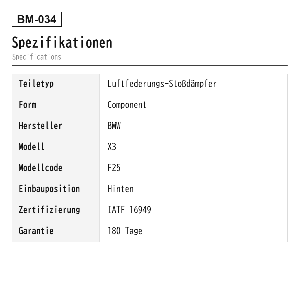 BMW X3 F25 X4 F26 2014-2018 Hinten Luftfederungs-Stoßdämpfer (37124096733, 37126799911, 4096733, 6799911) 2