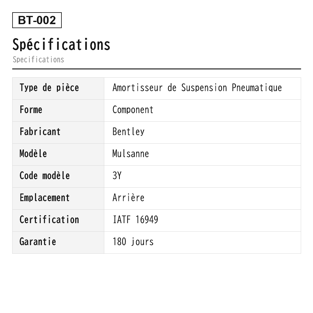 Bentley Mulsanne 2016-2019 Arrière Amortisseur de Suspension Pneumatique (3Y5513029L, 3Y5513029) 2