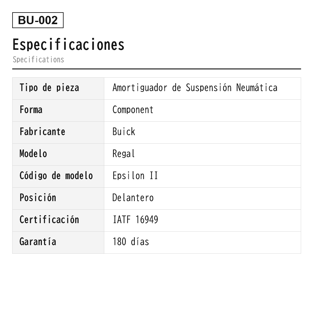 Buick Regal Delantero Amortiguador de Suspensión Neumática (0335067, 0344291, 0344340, 0344370, 0344388, 0344453, 0344465, 0344466, 0344467, 0345056, 0345057, 0345062, 0345063, 0345066, 13310728, 13319739, 13319740, 13319741, 13319742, 13319743, 13319744, 13319745, 13319746, 22957278, 22957279, 22957284, 22957285, 22972245, 22972246) 2