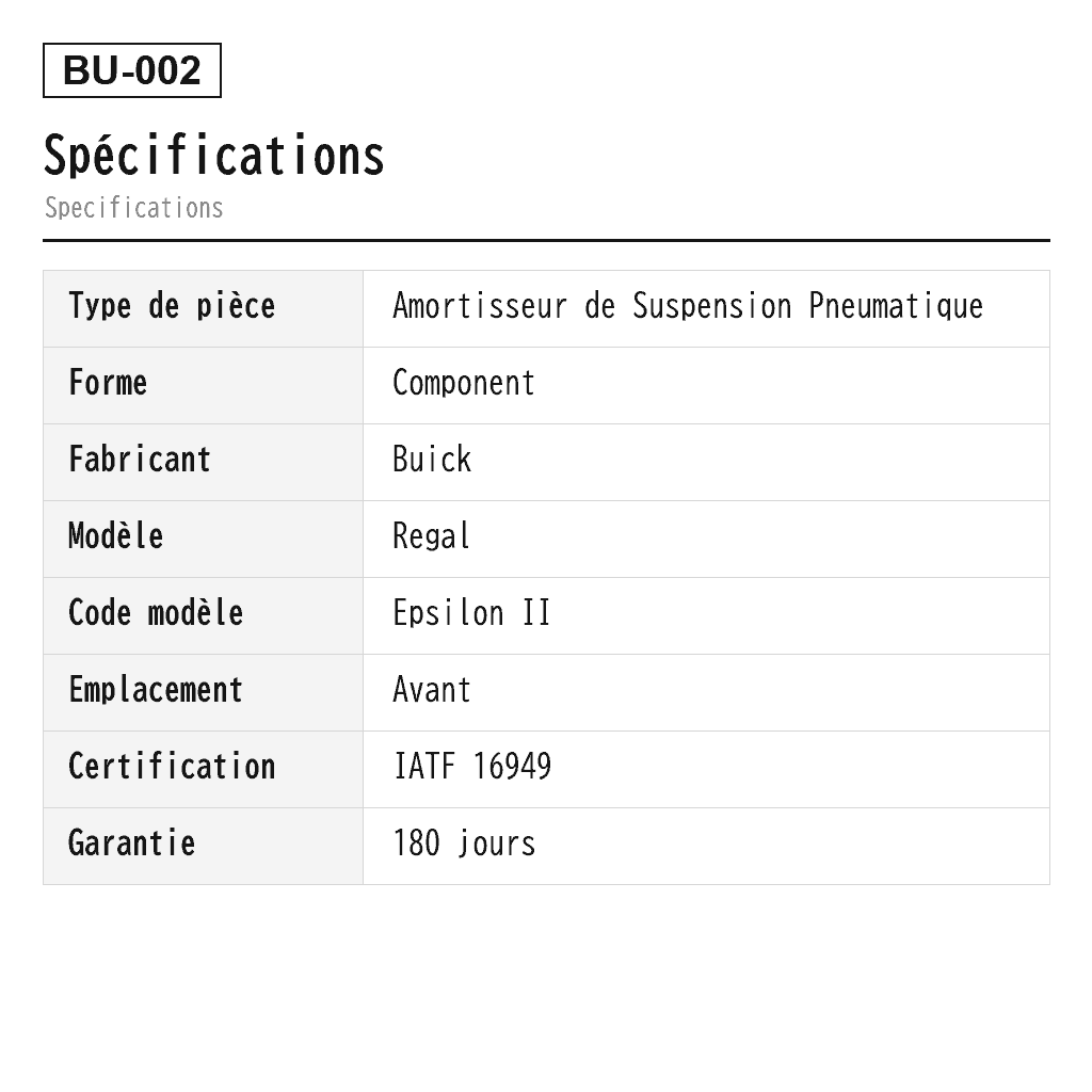 Buick Regal Avant Amortisseur de Suspension Pneumatique (0335067, 0344291, 0344340, 0344370, 0344388, 0344453, 0344465, 0344466, 0344467, 0345056, 0345057, 0345062, 0345063, 0345066, 13310728, 13319739, 13319740, 13319741, 13319742, 13319743, 13319744, 13319745, 13319746, 22957278, 22957279, 22957284, 22957285, 22972245, 22972246) 2