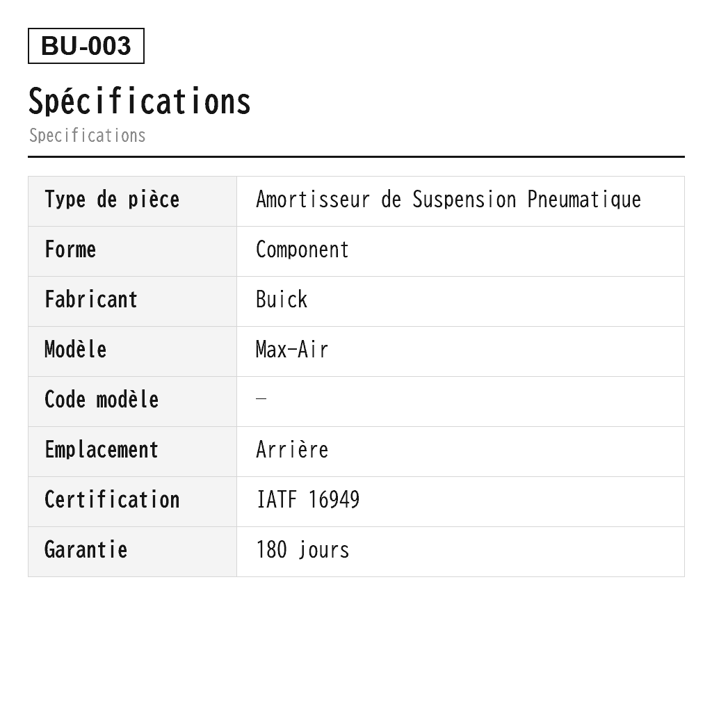 Buick Max-Air 2010-2011 Arrière Amortisseur de Suspension Pneumatique (504143, 504547, 19121822, 20759946, 20759947, 20759948, 20759949, 22064808, 22064809, 88955460, 88955461, 990002) 2