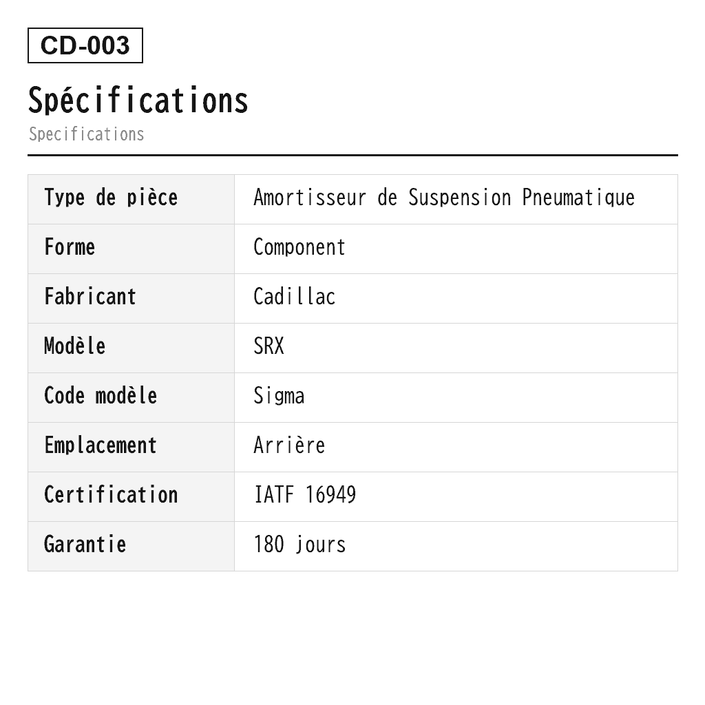 Cadillac SRX 2004-2009 Arrière Amortisseur de Suspension Pneumatique (1293131, 14145221, 15145221, 19302764, 21992495, 21998206, 25736678, 25758571, 2577061, 5801037, 580139, 580337, 89047641) 2