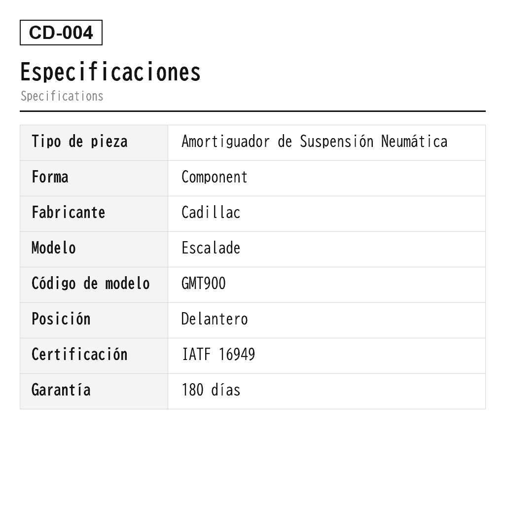 Cadillac Escalade 2007-2014 Delantero Amortiguador de Suspensión Neumática (15886465, 15909491, 15911938, 15918522, 15939374, 19209555, 19353945, 20810270, 25845438, 25845446, 25845447, 25888675, 25888683, 25888684) 2
