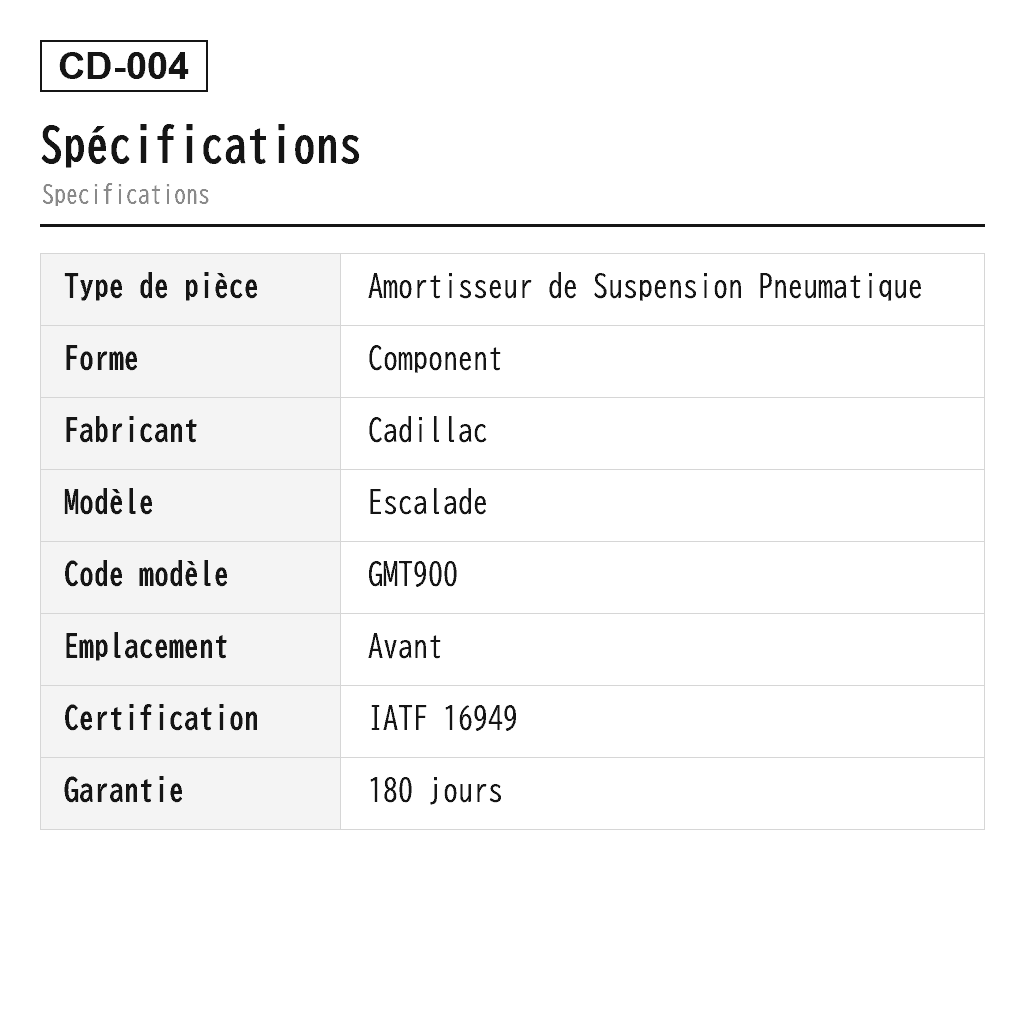 Cadillac Escalade 2007-2014 Avant Amortisseur de Suspension Pneumatique (15886465, 15909491, 15911938, 15918522, 15939374, 19209555, 19353945, 20810270, 25845438, 25845446, 25845447, 25888675, 25888683, 25888684) 2