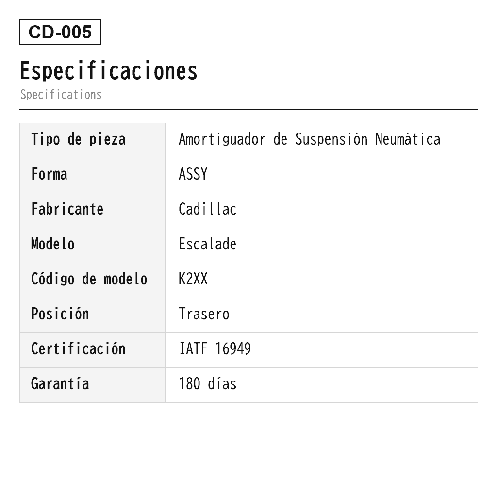 Cadillac Escalade 2015-2020 Trasero Amortiguador de Suspensión Neumática (22278958, 22283446, 23151122, 23267007, 23290660, 23290661, 580-1106, 5801068, 84176675) 2