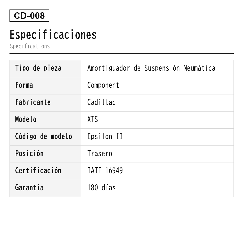 Cadillac XTS 2013-2019 Trasero Amortiguador de Suspensión Neumática (19302782, 19302783, 20903682, 20903683, 22961781, 22961782, 23121780, 23121781, 23457034, 23457035, 23457036, 23457037, 580-1074, 5801053, 5801054, 5801075, 580409, 580410, 580426, 580427, 84235851, 84326293, 84326294, 84326295, 84326296) 2