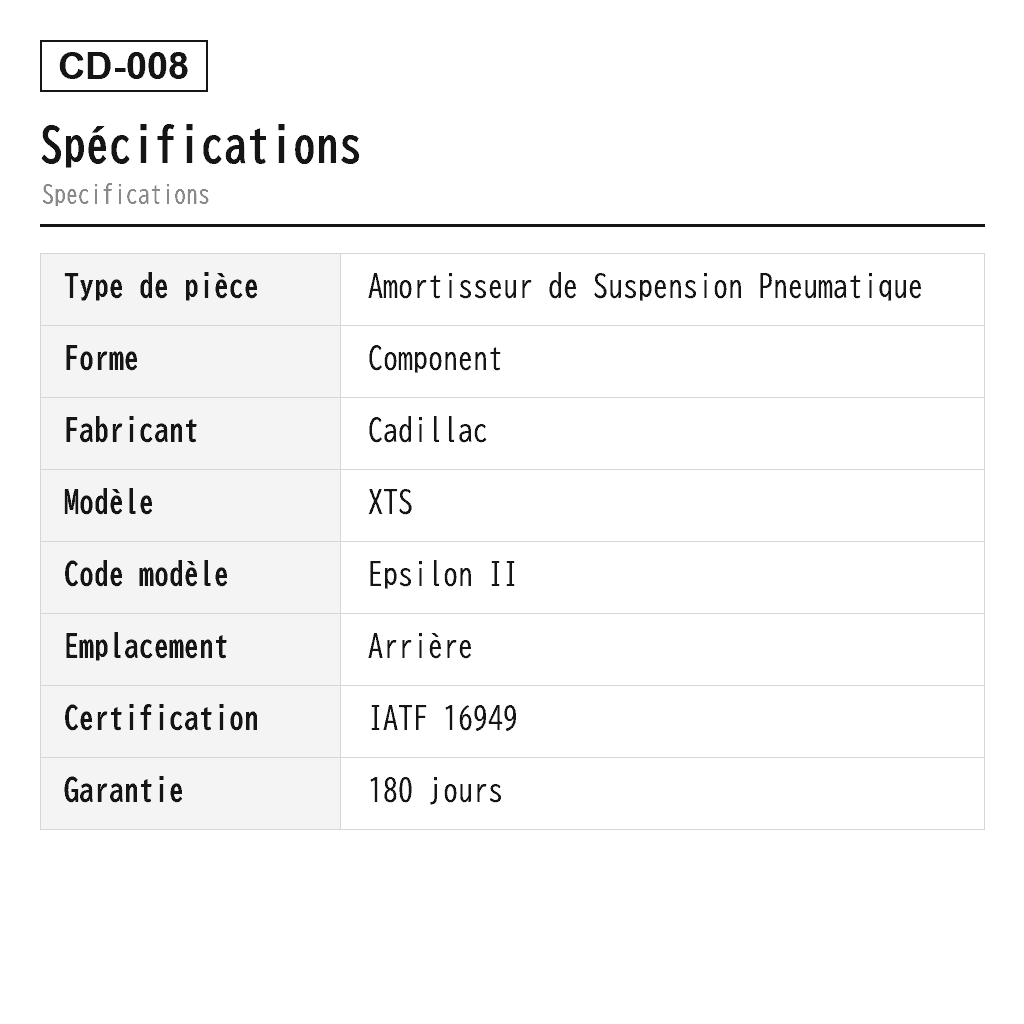 Cadillac XTS 2013-2019 Arrière Amortisseur de Suspension Pneumatique (19302782, 19302783, 20903682, 20903683, 22961781, 22961782, 23121780, 23121781, 23457034, 23457035, 23457036, 23457037, 580-1074, 5801053, 5801054, 5801075, 580409, 580410, 580426, 580427, 84235851, 84326293, 84326294, 84326295, 84326296) 2