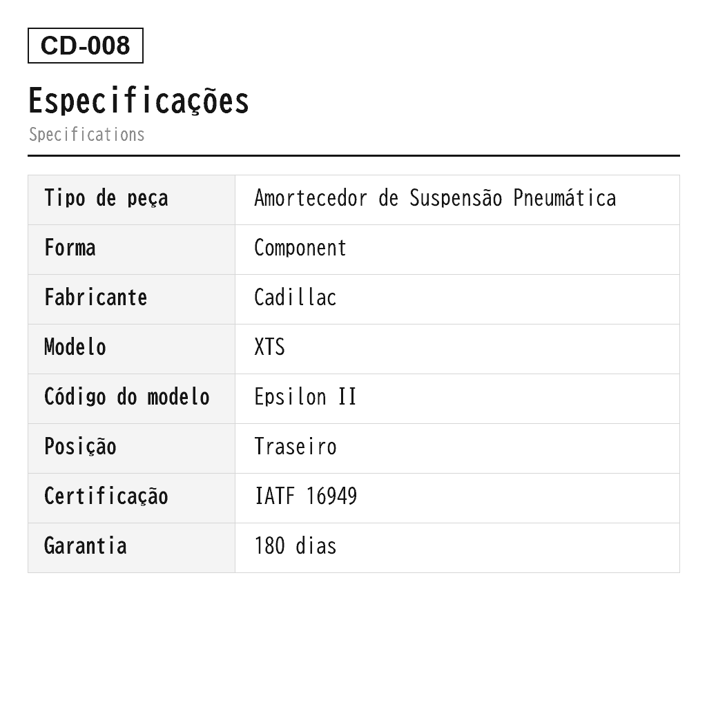 Cadillac XTS 2013-2019 Traseiro Amortecedor de Suspensão Pneumática (19302782, 19302783, 20903682, 20903683, 22961781, 22961782, 23121780, 23121781, 23457034, 23457035, 23457036, 23457037, 580-1074, 5801053, 5801054, 5801075, 580409, 580410, 580426, 580427, 84235851, 84326293, 84326294, 84326295, 84326296) 2