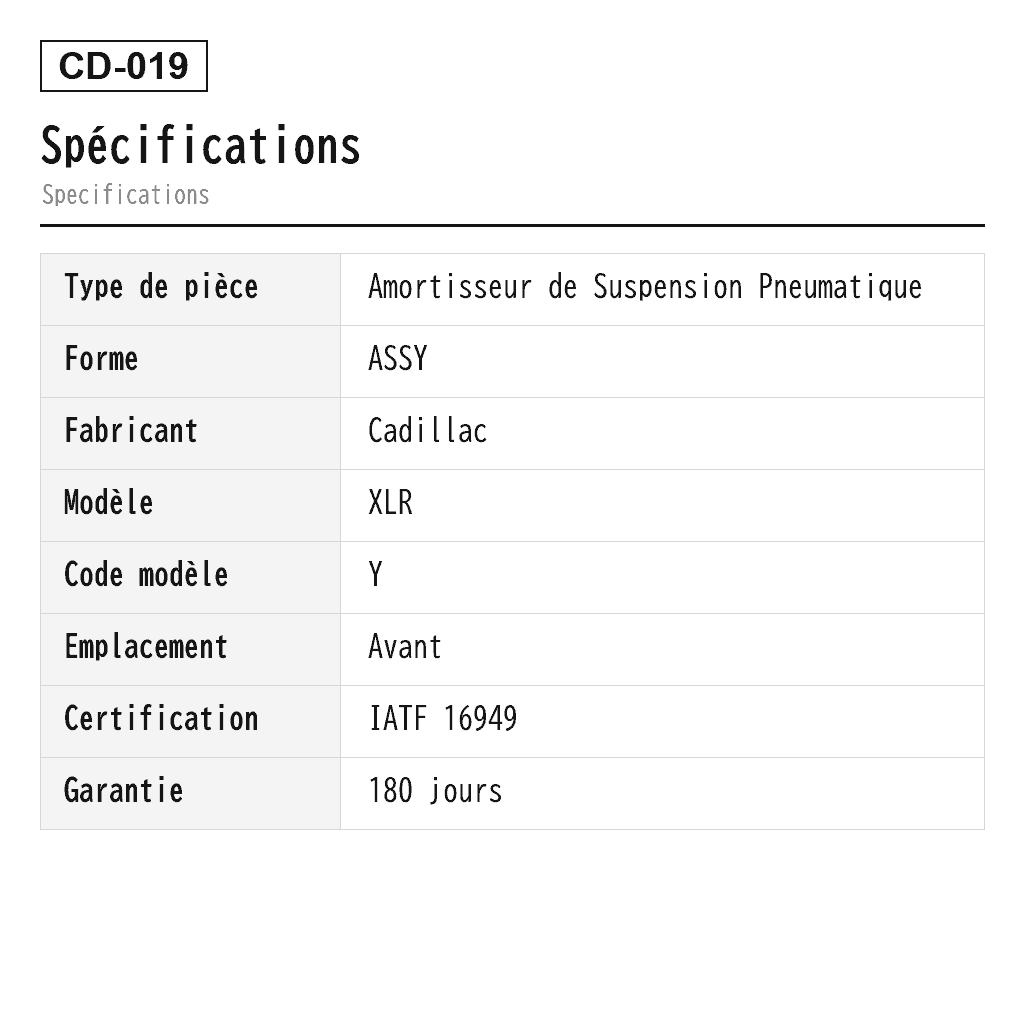 Cadillac XLR 2004-2009 Avant Amortisseur de Suspension Pneumatique (0510811, 10357972, 10439764, 19178739, 19259306, 19259307, 19302774, 19302775, 19302787, 19302790, 21282051, 22248107, 22248832, 22784744, 580-1046, 580-1061, 580135, 88952524, 88952527) 2