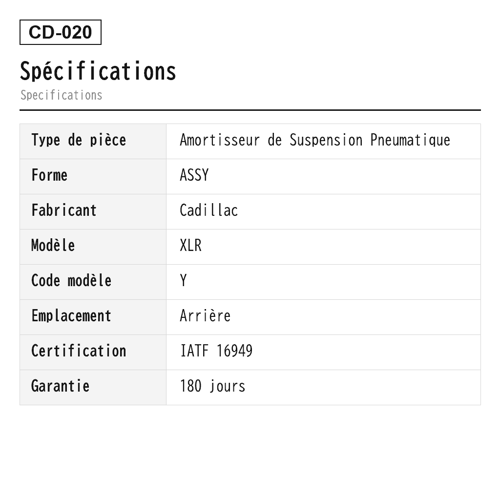 Cadillac XLR 2004-2009 Arrière Amortisseur de Suspension Pneumatique (11152091, 19177206, 19302781, 19302788, 19302789, 19302791, 19302792, 19302793, 19302794, 19431688, 19431689, 19431690, 19431691, 19431692, 22248105, 22248108, 22248830, 22248836, 22784743, 88952525, 88952526, 88952528, 88952529, 88967432, 88967434) 2