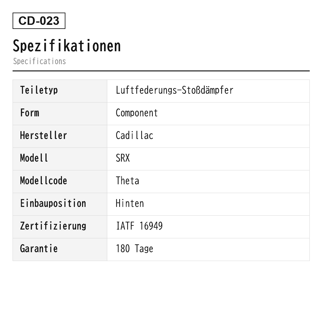 Cadillac SRX 2010-2016 Hinten Luftfederungs-Stoßdämpfer (12626616, 12823605, 13319749, 13319757, 20853196, 20853197, 20953566, 20953567, 22793801, 22793802, 22857108, 22857109, 580-376, 580-377, 580-386, 580-387, 580-413, 580-414) 2