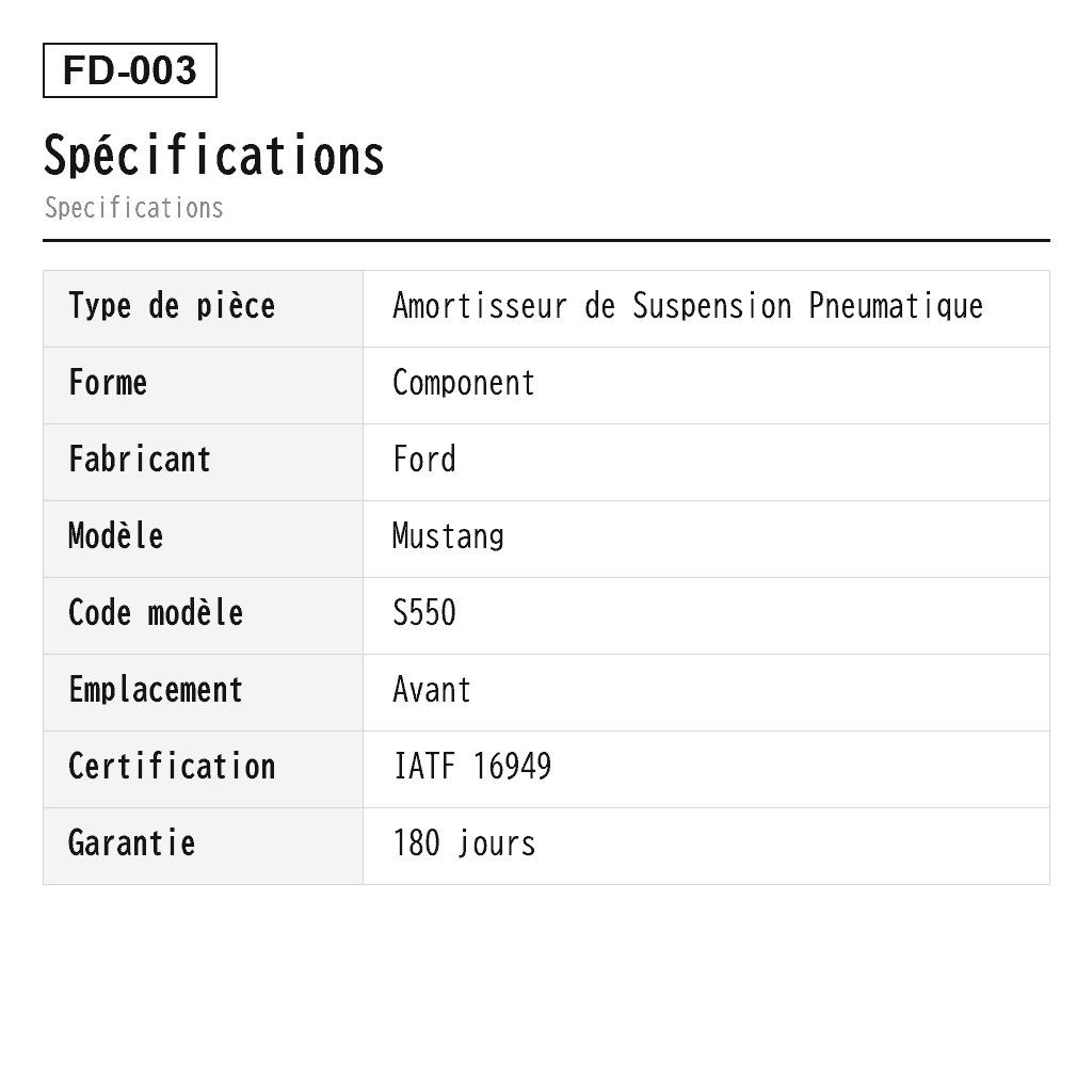 Ford Mustang 2015-2023 Avant Amortisseur de Suspension Pneumatique (FR3V18B060AD, FR3V18B060KE, FR3Z-18124-AA, FR3Z-18124-AE, FR3Z-18124-AG, FR3Z-18124-J, FR3Z-18124-S, FR3Z18124T, JR3C18B060TE, JR3C18B060UB, JR3C18B060UC, JR3Z-18124-D, JR3Z18124B, KR3V18B060BE, KR3Z-18124-AE) 2