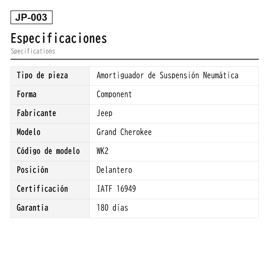 Jeep Grand Cherokee WK2 2011-2023 Delantero Amortiguador de Suspensión Neumática (1345906L, 1345906R, 345906L, 345906R, 355065L, 355065R, 68298324AC, 68298324AE, 68298325AC, 68298325AE, 68298326AE, 68298327AE, 68298330AC, 68298330AE, 68298331AC, 68298331AE, 68299142AC, 68299142AE, 68299143AC, 68299143AE, 68303268AB, 68303269AA, 68303269AB) 2