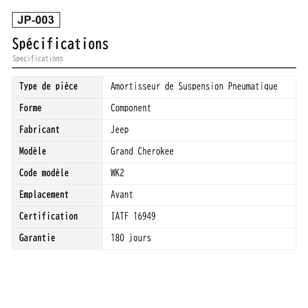 Jeep Grand Cherokee WK2 2011-2023 Avant Amortisseur de Suspension Pneumatique (1345906L, 1345906R, 345906L, 345906R, 355065L, 355065R, 68298324AC, 68298324AE, 68298325AC, 68298325AE, 68298326AE, 68298327AE, 68298330AC, 68298330AE, 68298331AC, 68298331AE, 68299142AC, 68299142AE, 68299143AC, 68299143AE, 68303268AB, 68303269AA, 68303269AB) 2