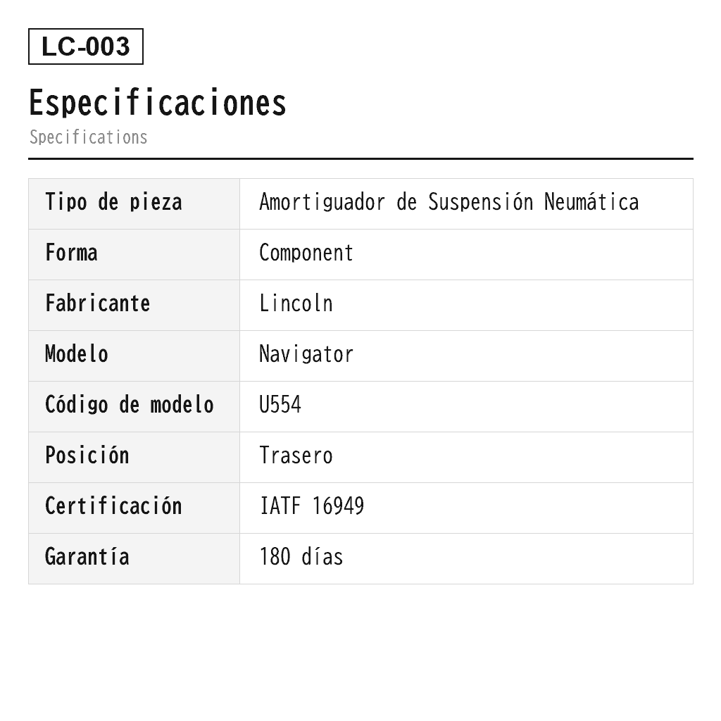 Lincoln Navigator 2018-2023 Trasero Amortiguador de Suspensión Neumática (JL1Z-18125-A, JL1Z-18125-C, JL1Z-18125-H, JL1Z-18125-J) 2