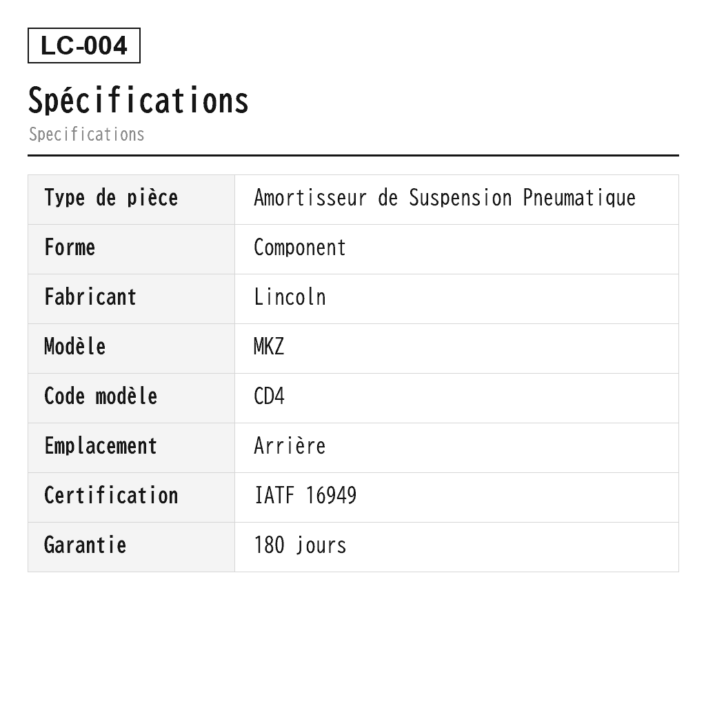 Lincoln MKZ 2013-2020 Arrière Amortisseur de Suspension Pneumatique (DG9Z-18125-A, DG9Z-18125-B, EG9Z-18125-A, EG9Z-18125-C, EG9Z-18125-D, EG9Z-18125-L, EG9Z18125B, HG9Z-18125-B, HG9Z-18125-C, HG9Z-18125-E, HG9Z18125D) 2