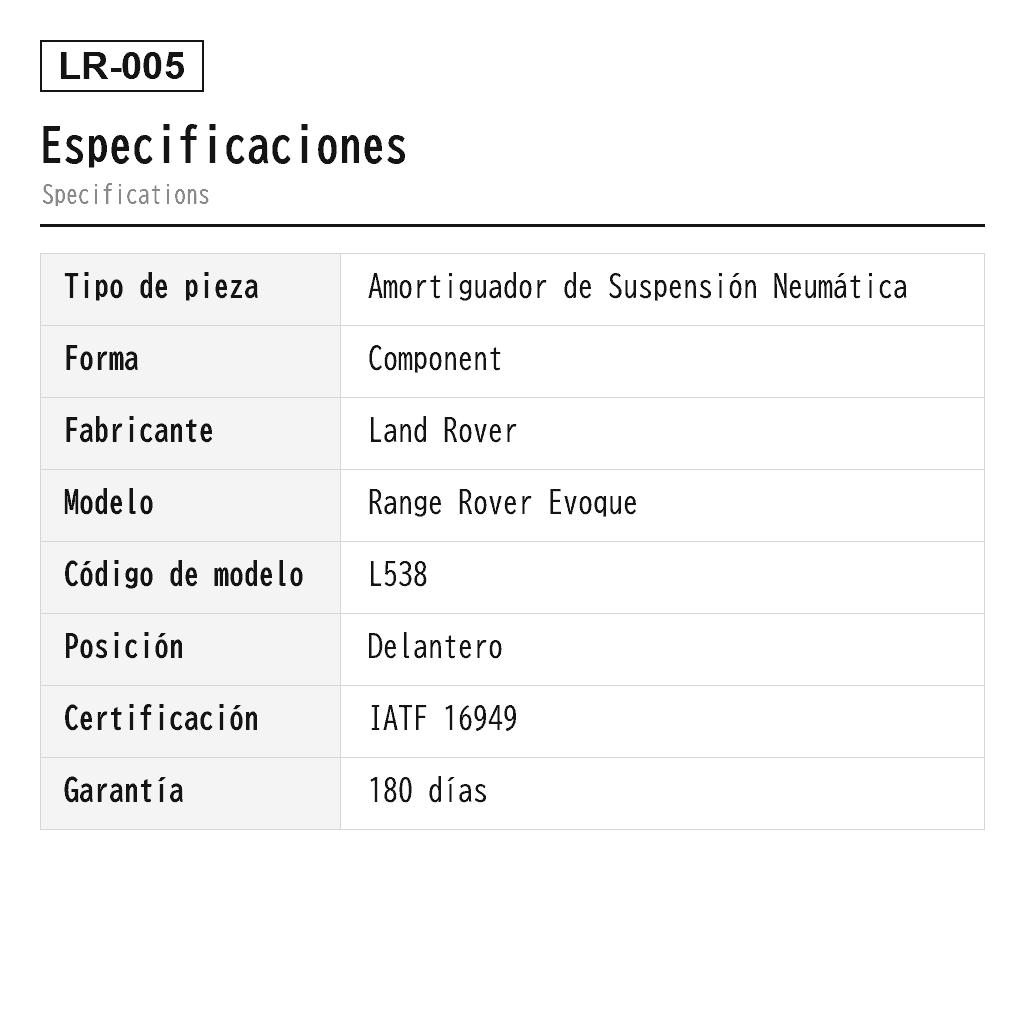 Land Rover Range Rover Evoque L538 2012-2016 Delantero Amortiguador de Suspensión Neumática (LR024437, LR024440, LR024444, LR024447, LR024476, LR024477, LR034080, LR034088, LR044682, LR044687, LR051481, LR051483, LR051491, LR051497, LR056266, LR056267, LR056268, LR056269, LR057930, LR057931, LR063740, LR063741, LR070927, LR070929, LR070932, LR073344, LR079420, LR079421, LR079422, LR085485, LR092355, LR100499) 2