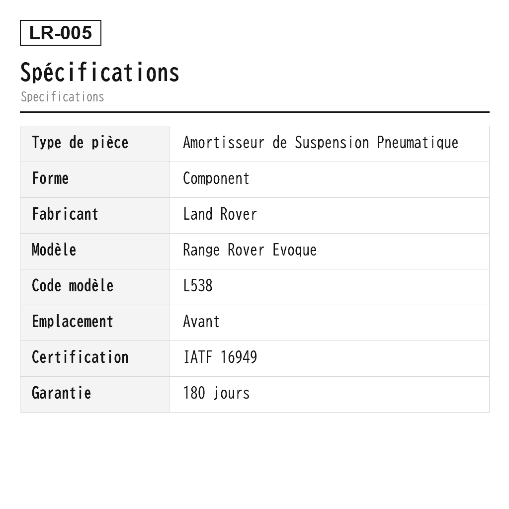 Land Rover Range Rover Evoque L538 2012-2016 Avant Amortisseur de Suspension Pneumatique (LR024437, LR024440, LR024444, LR024447, LR024476, LR024477, LR034080, LR034088, LR044682, LR044687, LR051481, LR051483, LR051491, LR051497, LR056266, LR056267, LR056268, LR056269, LR057930, LR057931, LR063740, LR063741, LR070927, LR070929, LR070932, LR073344, LR079420, LR079421, LR079422, LR085485, LR092355, LR100499) 2