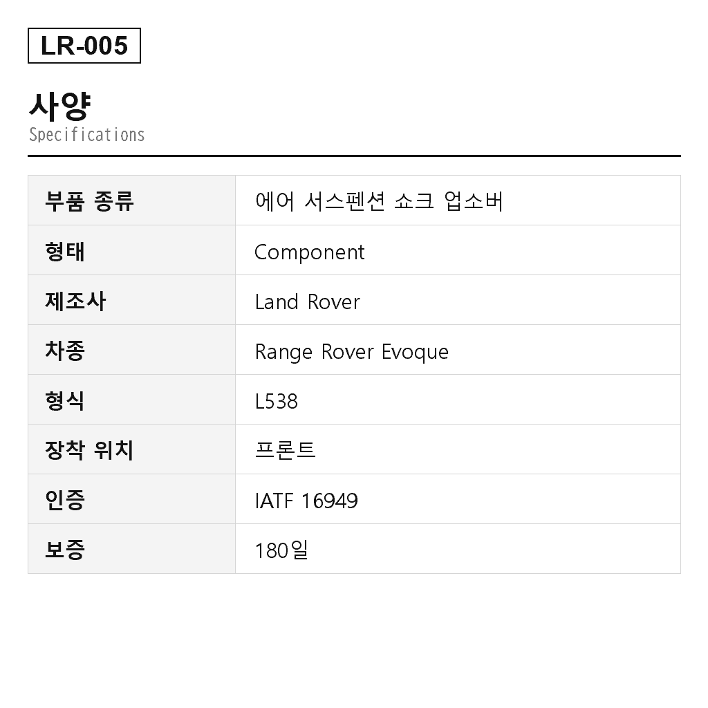 Land Rover Range Rover Evoque L538 2012-2016 프론트 에어 서스펜션 쇼크 업소버（LR024437, LR024440, LR024444, LR024447, LR024476, LR024477, LR034080, LR034088, LR044682, LR044687, LR051481, LR051483, LR051491, LR051497, LR056266, LR056267, LR056268, LR056269, LR057930, LR057931, LR063740, LR063741, LR070927, LR070929, LR070932, LR073344, LR079420, LR079421, LR079422, LR085485, LR092355, LR100499） 2
