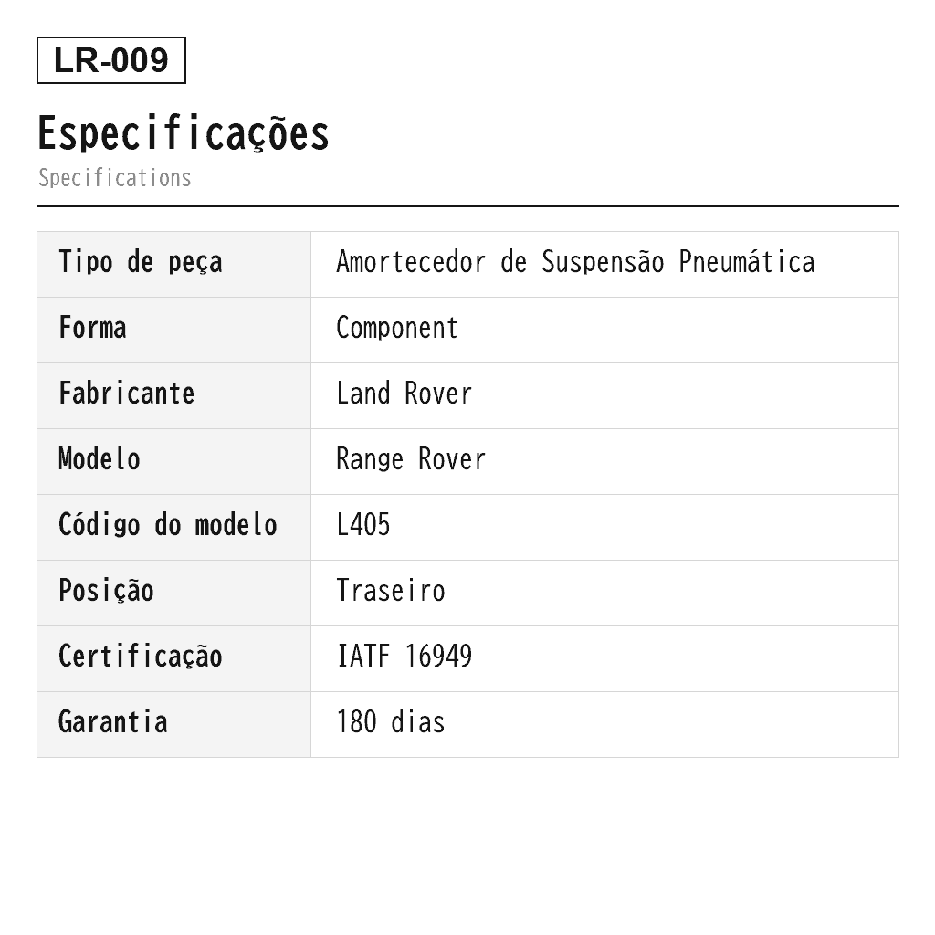 Land Rover Range Rover L405 2012-2021 Traseiro Amortecedor de Suspensão Pneumática (LR034262, LR034265, LR034266, LR034270, LR034271, LR098786, LR098788, LR098792, LR098795, LR100656, LR100673, LR100687, LR101593, LR101594, LR101595, LR104751, LR111854) 2