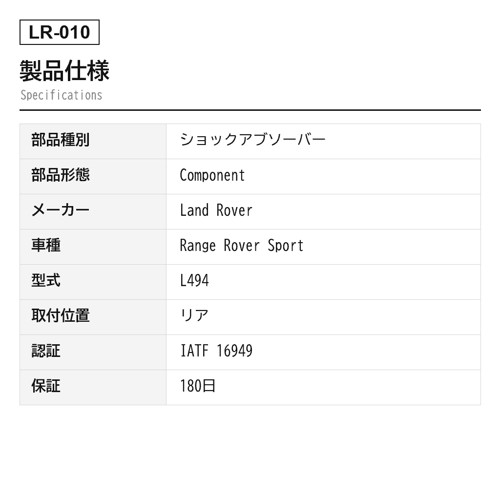 Land Rover（ランドローバー） Range Rover Sport L494 2014-2020 リアエアサスペンションショックアブソーバー（LR044851, LR045269, LR047322, LR052783, LR057252, LR060154, LR072449, LR087082） 2