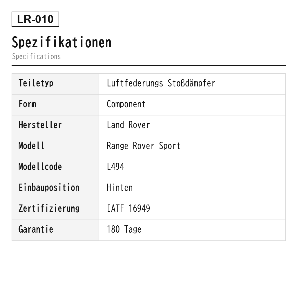 Land Rover Range Rover Sport L494 2014-2020 Hinten Luftfederungs-Stoßdämpfer (LR044851, LR045269, LR047322, LR052783, LR057252, LR060154, LR072449, LR087082) 2