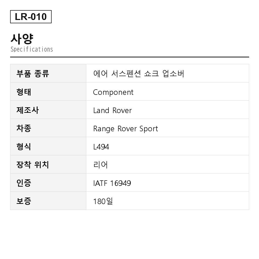 Land Rover Range Rover Sport L494 2014-2020 리어 에어 서스펜션 쇼크 업소버（LR044851, LR045269, LR047322, LR052783, LR057252, LR060154, LR072449, LR087082） 2