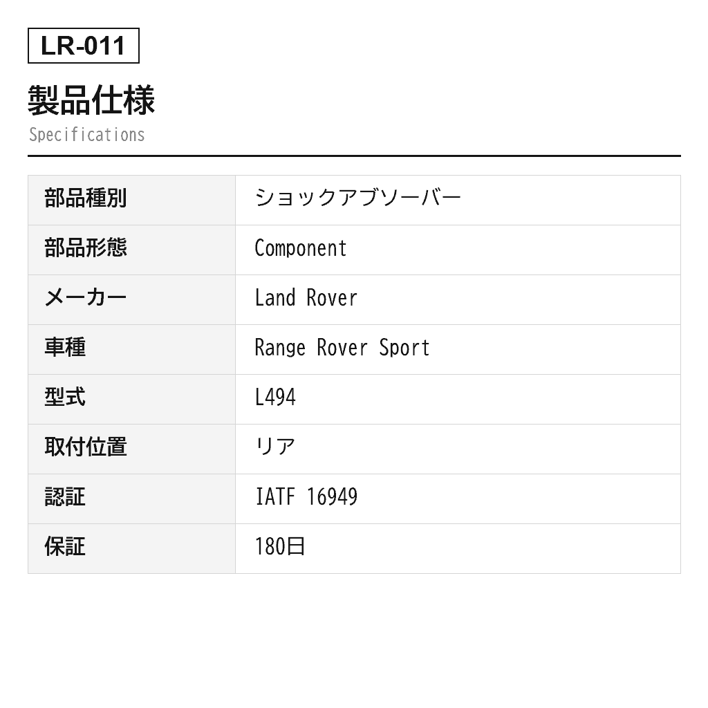 Land Rover（ランドローバー） Range Rover Sport L494 2014-2020 リアエアサスペンションショックアブソーバー（LR045270, LR047132, LR062385, LR100873, LR103602） 2