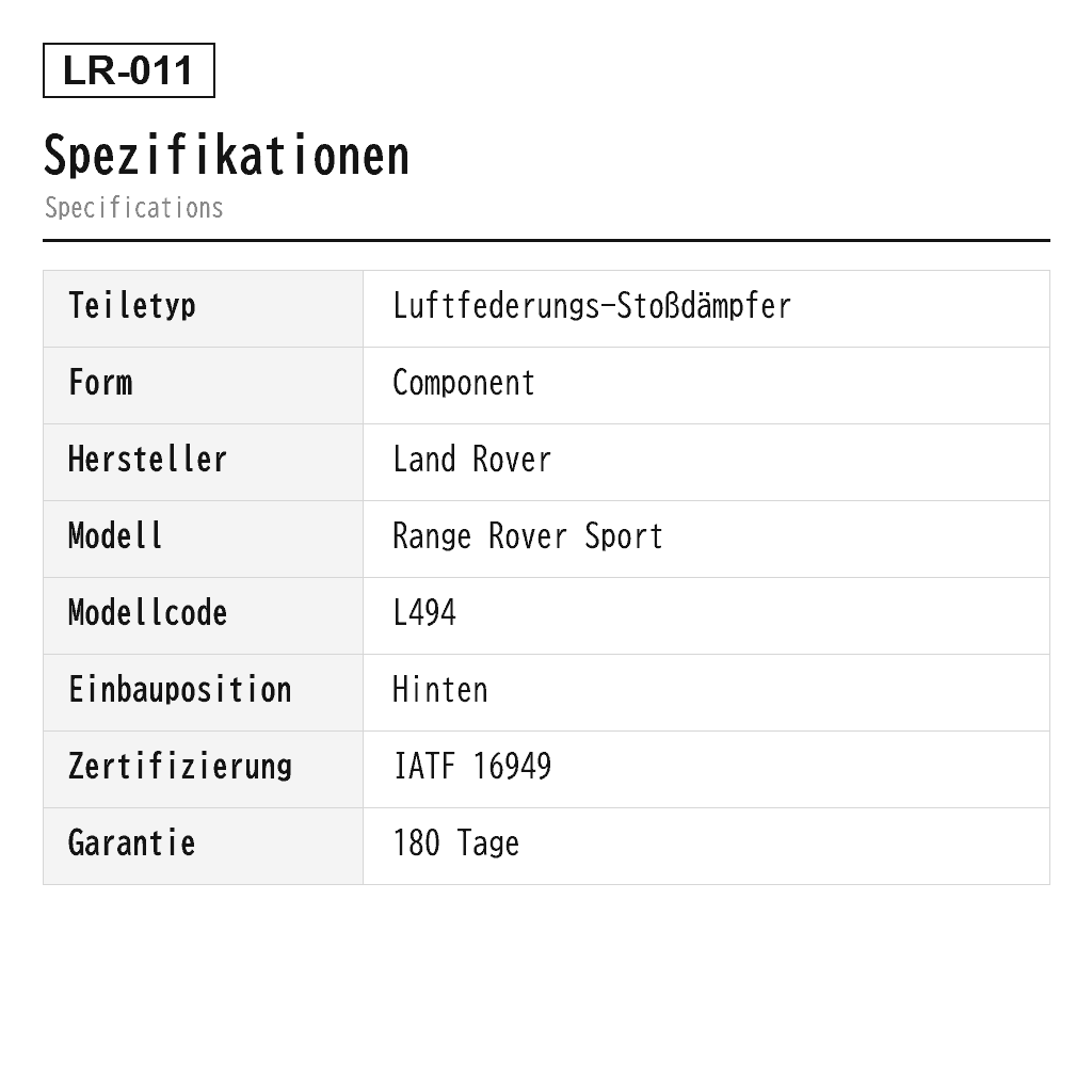 Land Rover Range Rover Sport L494 2014-2020 Hinten Luftfederungs-Stoßdämpfer (LR045270, LR047132, LR062385, LR100873, LR103602) 2