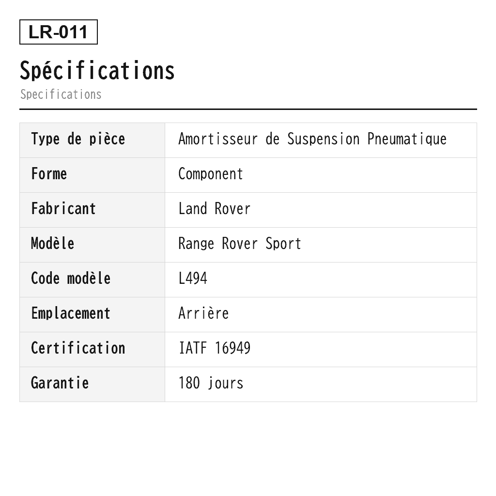 Land Rover Range Rover Sport L494 2014-2020 Arrière Amortisseur de Suspension Pneumatique (LR045270, LR047132, LR062385, LR100873, LR103602) 2