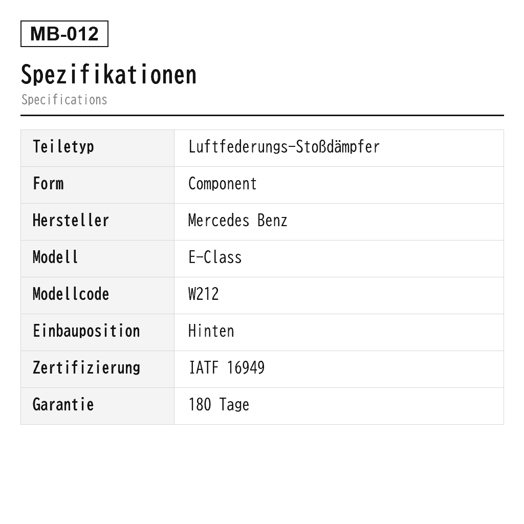Mercedes Benz E-Class W212 S212 Hinten Luftfederungs-Stoßdämpfer (A2121260698, A2123201530, A2123201630, A2123202530, A2123202630, A2123202930, A2123203130, A2123203230, A2123204330, A2123260400, A2183200130, A2183200230, A2183201930, A2183202030, A2183202130, A2183202230, A2183202330, A2183202430) 2