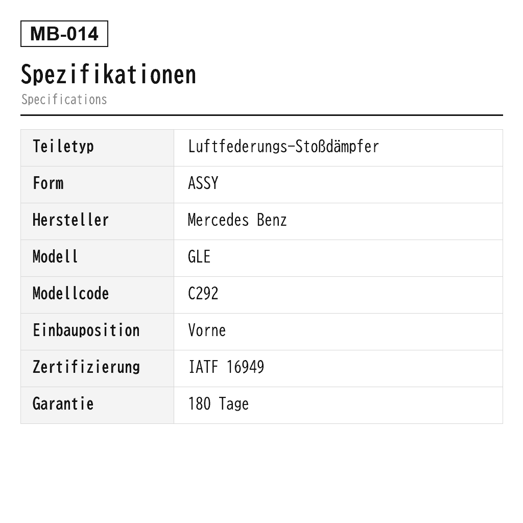Mercedes Benz GLE C292 Vorne Luftfederungs-Stoßdämpfer (A2923200430, A2923200630, A2923200730, A2923200900, A2923201000, A2923201700, A2923202500, A2923202600, A2923202900, A2923203000, A2923203113, A2923203213, A2923203913, A2923204013) 2