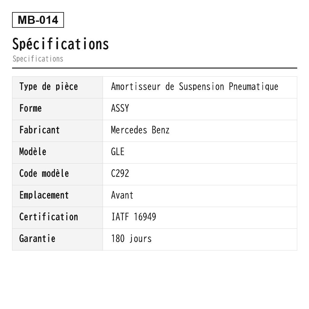 Mercedes Benz GLE C292 Avant Amortisseur de Suspension Pneumatique (A2923200430, A2923200630, A2923200730, A2923200900, A2923201000, A2923201700, A2923202500, A2923202600, A2923202900, A2923203000, A2923203113, A2923203213, A2923203913, A2923204013) 2