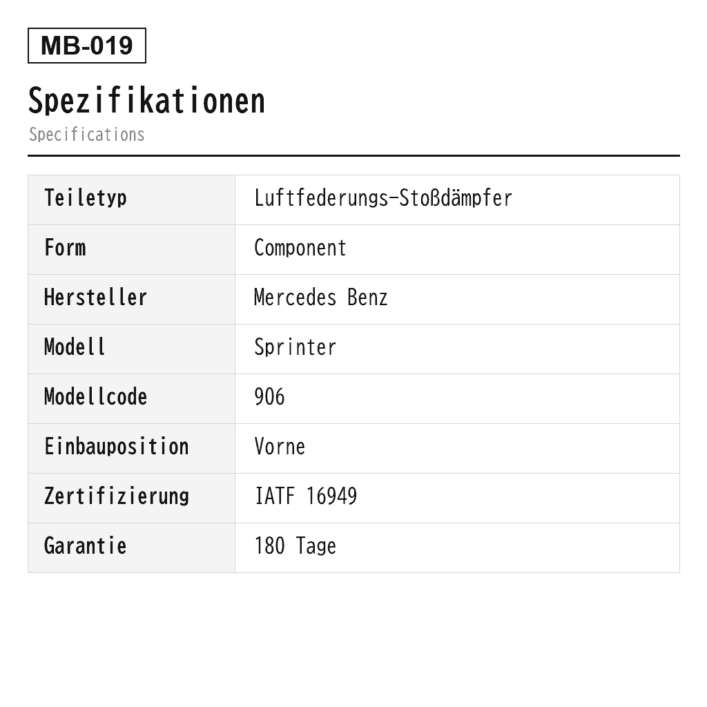 Mercedes Benz Sprinter 906 2006-2018 Vorne Luftfederungs-Stoßdämpfer (9063200133, 9063200233, 9063200433, 9063200533, 9033200833, 9063201533, 9063205530, 9063205630, 9063205930, 9063206030, 9063206230, 9063206330, 9063206630, 9063206730, A9063200133, A9063200233, A9063200433, A9063200533, A9063200833) 2