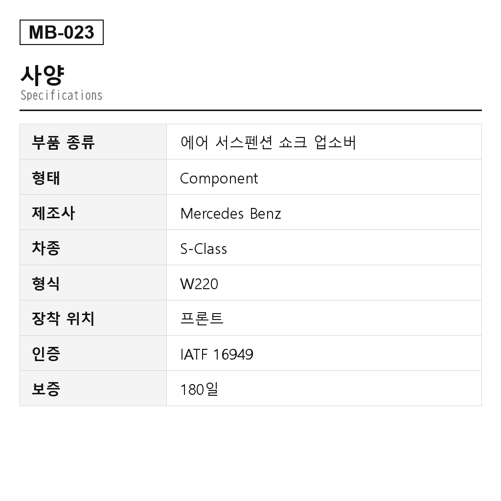 Mercedes Benz S-Class W220 2000-2006 프론트 에어 서스펜션 쇼크 업소버（2203202438, 220320243860, 220320243880, 220320243888, 2203205113, 220320511360, 220320511380, 220320511388, A2203202438, A2203205113, A220320243860, A220320243880, A220320243888, A220320511360, A220320511380, A220320511388） 2