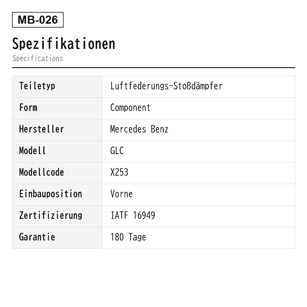 Mercedes Benz GLC X253 2016-2020 Vorne Luftfederungs-Stoßdämpfer (2533200330, 2533200430, 2533200530, 2533200630, 2533200730, 2533200766, 2533200830, 2533200866, 2533202700, 2533202800, A2533200330, A2533200430, A2533200530, A2533200630, A2533200730, A2533200830, A2533202700, A2533202800) 2