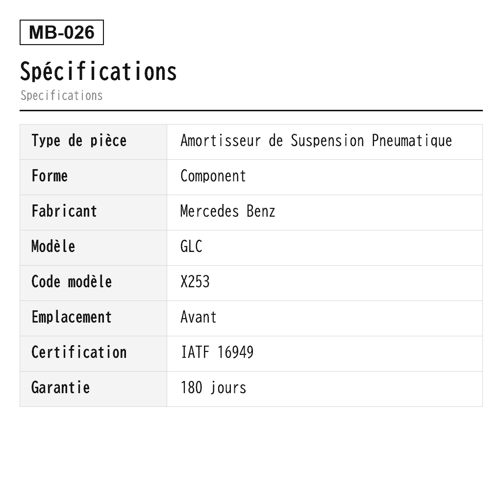 Mercedes Benz GLC X253 2016-2020 Avant Amortisseur de Suspension Pneumatique (2533200330, 2533200430, 2533200530, 2533200630, 2533200730, 2533200766, 2533200830, 2533200866, 2533202700, 2533202800, A2533200330, A2533200430, A2533200530, A2533200630, A2533200730, A2533200830, A2533202700, A2533202800) 2