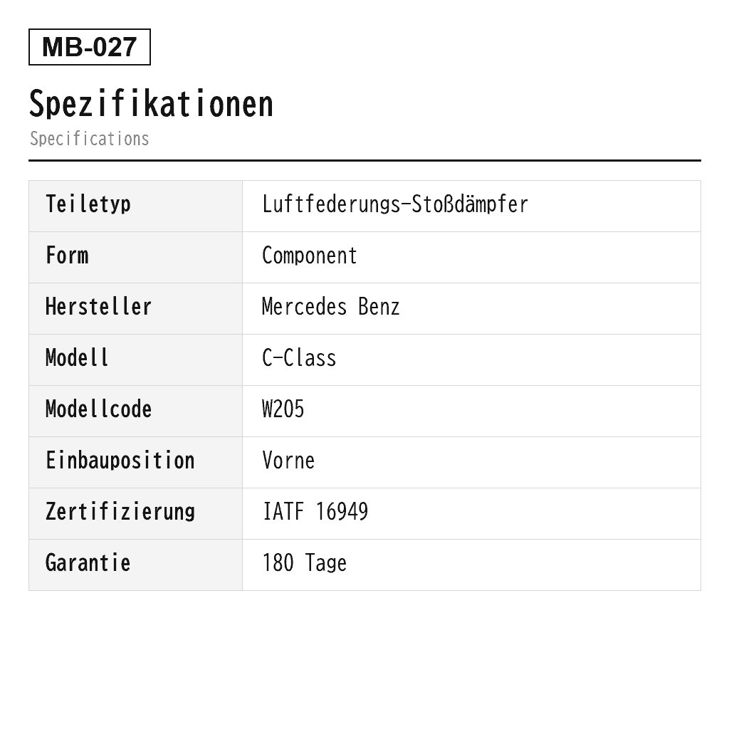 Mercedes Benz C-Class W205 2015-2020 Vorne Luftfederungs-Stoßdämpfer (205-320-07-30, 205-320-08-30, A2053200730, A2053200830, A2053200930, A2053201030) 2