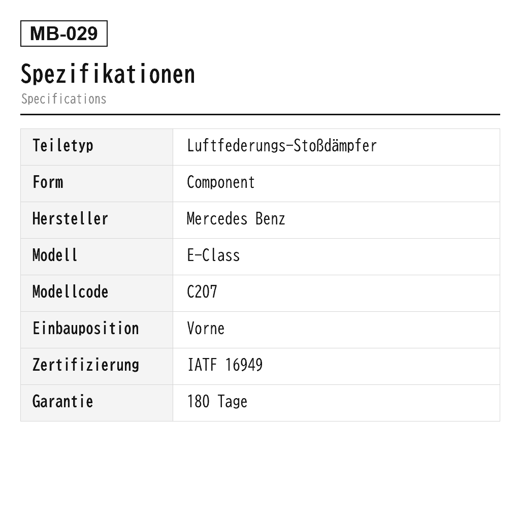 Mercedes Benz E-Class C207 2009-2016 Vorne Luftfederungs-Stoßdämpfer (2043201000, 2043230900, 2073231100, 2073231200, 2073231300, 2073231400, A2043201000, A2043230900, A2073231100, A2073231200, A2073231300, A2073231400) 2