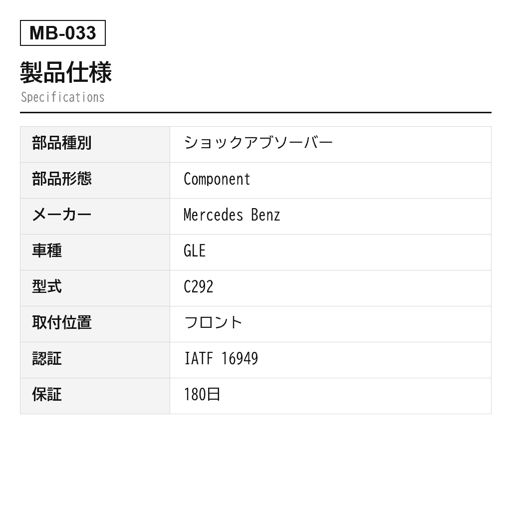 Mercedes Benz（ベンツ） GLE W166 C292 フロントエアサスペンションショックアブソーバー（1663230200, 1663231000, 1663232400, 1663232900, 2923200100, A1663230200, A1663231000, A1663232400, A1663232900, A2923200100） 2