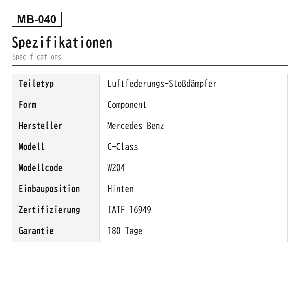 Mercedes Benz C-Class W204 E-Class C207 2008-2016 Hinten Luftfederungs-Stoßdämpfer (2043201231, 2043260500, 2043260598, 2043262900, 2073201930, 2073202530, A2043201231, A2043260600, A2073202130) 2