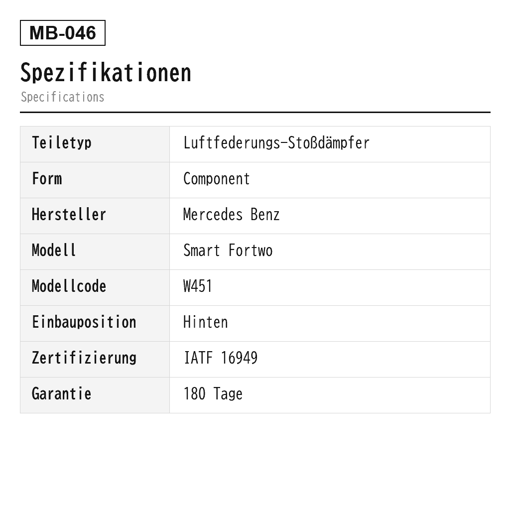 Mercedes Benz Smart Fortwo W451 2008-2016 Hinten Luftfederungs-Stoßdämpfer (4513200731, 4513202331, A4513200731) 2