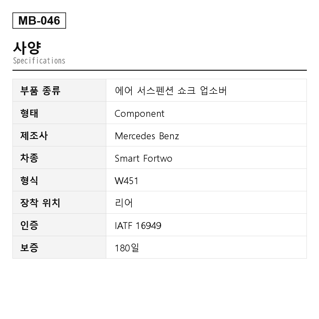 Mercedes Benz Smart Fortwo W451 2008-2016 리어 에어 서스펜션 쇼크 업소버（4513200731, 4513202331, A4513200731） 2
