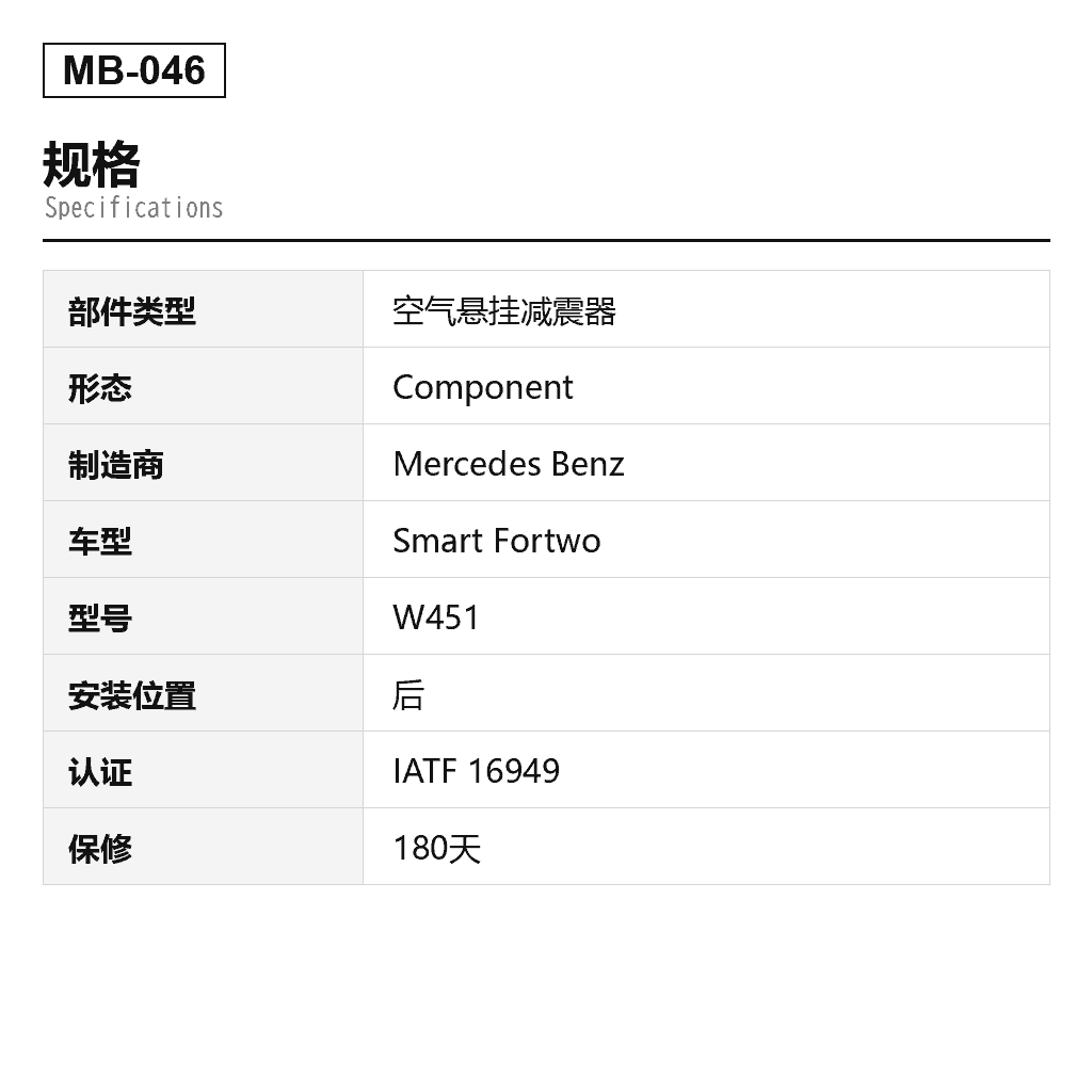 Mercedes Benz Smart Fortwo W451 2008-2016 后 空气悬挂减震器（4513200731, 4513202331, A4513200731） 2