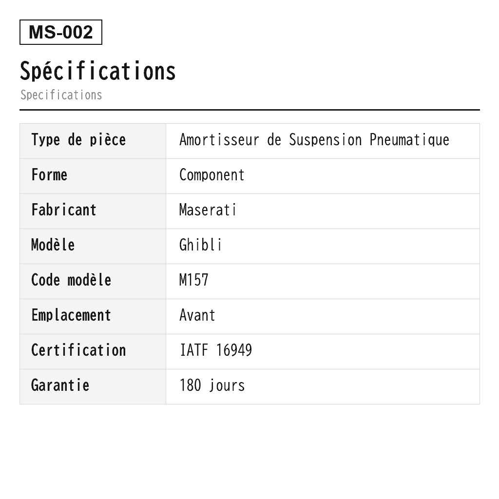 Maserati Ghibli M157 2014-2019 Avant Amortisseur de Suspension Pneumatique (670008896, 06700088960, 670153412) 2