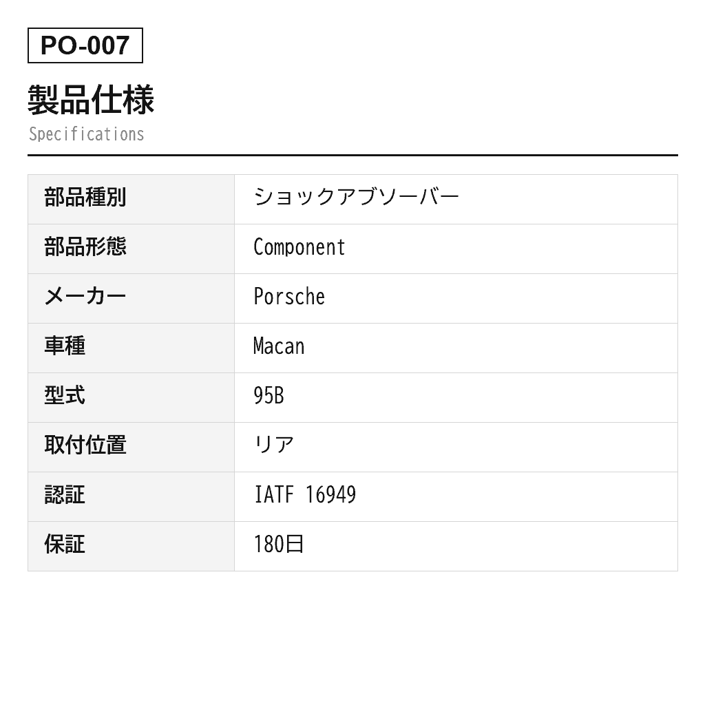 Porsche（ポルシェ） Macan 95B 2015-2020 リアエアサスペンションショックアブソーバー（95B513035, 95B513035A, 95B513035D, 95B513035E, 95B513035F, 95B513035G, 95B513035H, 95B513035J, 95B513035K） 2
