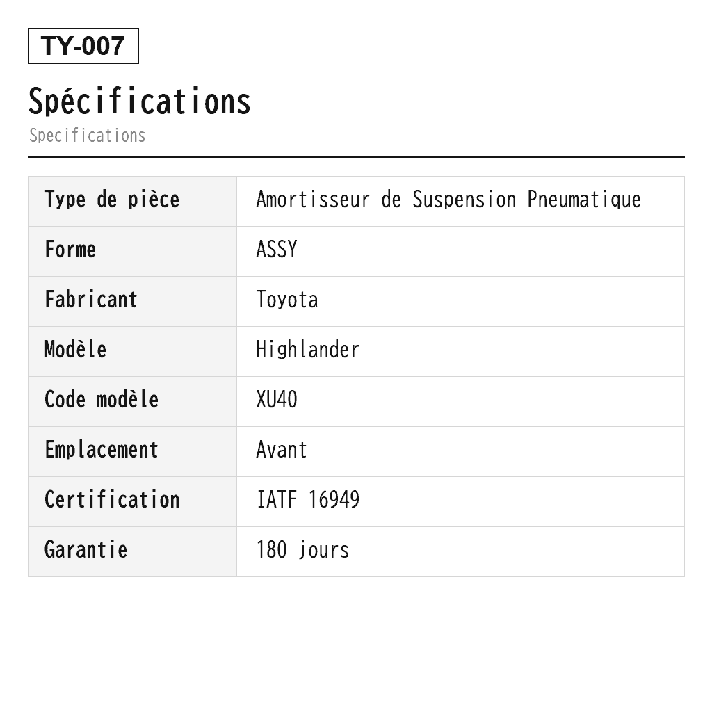 Toyota Highlander Avant Amortisseur de Suspension Pneumatique (48510A9840, 48510A9860, 48510A9892, 48510A9801, 48510A9850, 48510B9810, 48510B9820, 1333393R, 48510A9800, 4851080482, 4851080580, 4851080616, 4851080634, 2701539577, 4851080530, 4851080467, 4851080481, 4851080483, 4851080480, 4851080615) 2